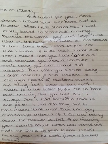 Touching letter as pupil describes how teacher accepted them as LGTB