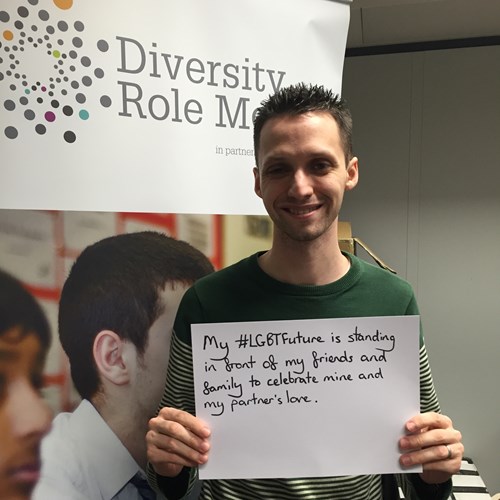 Man declaring his #LGTBFuture in front of a DRM poster