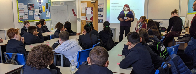 Kate Hutchinson delivering a Diversity Role Models LGBT+ inclusion workshop in a school as part of the AXA XL funded project in the North West